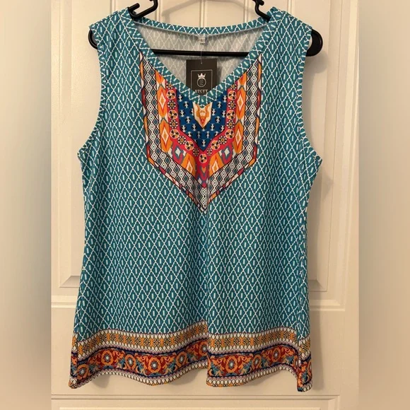 Etcetera Women's Teal, Orange, & Pink Geometric Tank Top - Picture 1 of 3